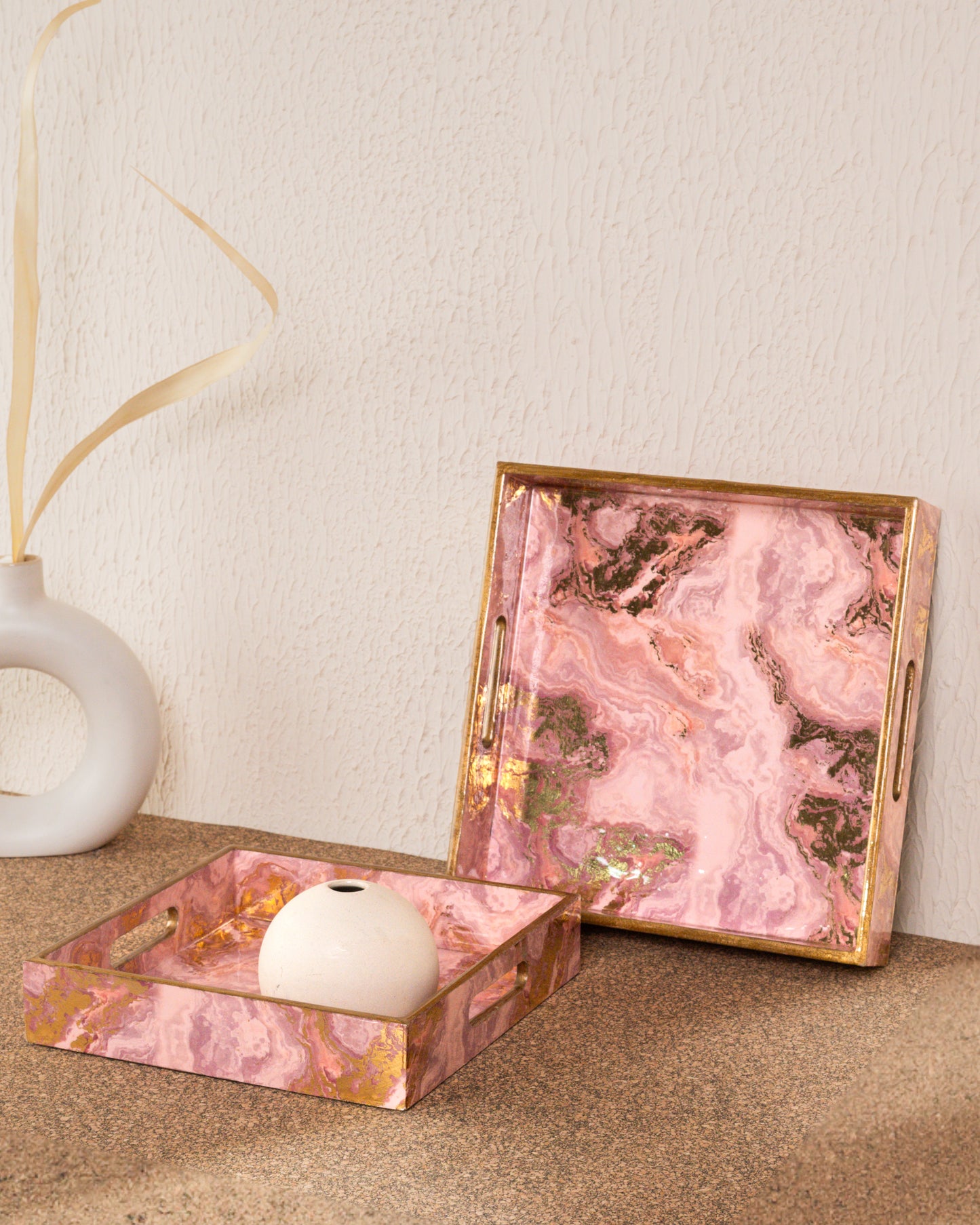 Pink Marble Top Tray (Set of 2)