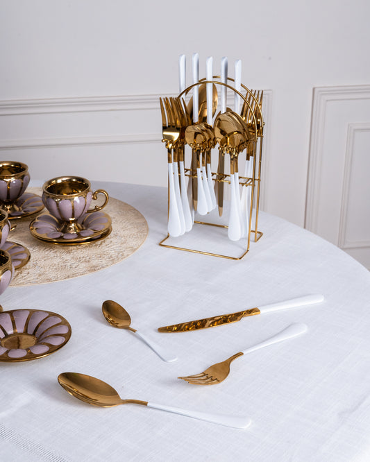 Emerald Gold Cutlery Set- White